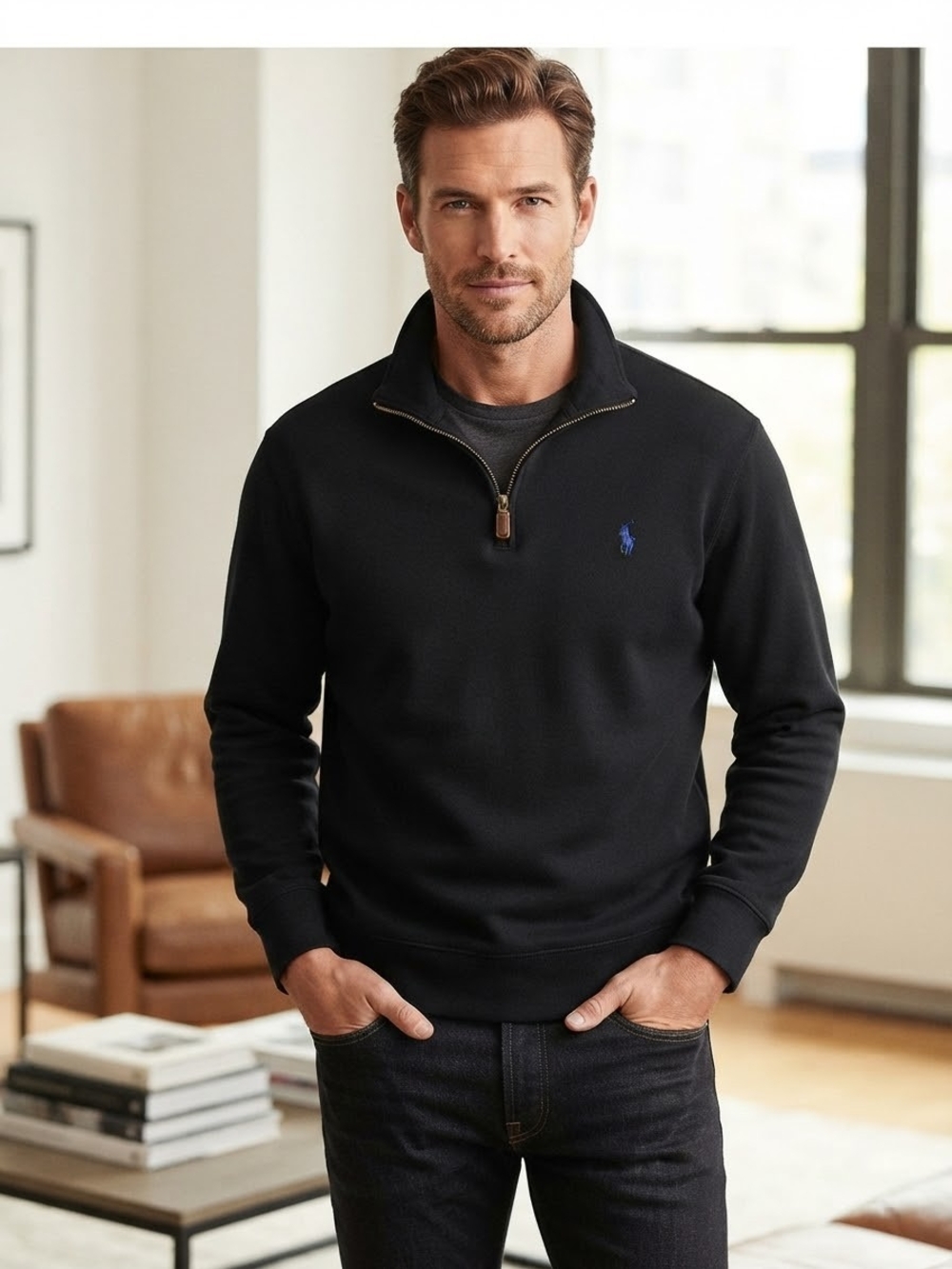 Polo by Ralph Lauren Black Zip-Up Sweater with Blue Pony Size Large